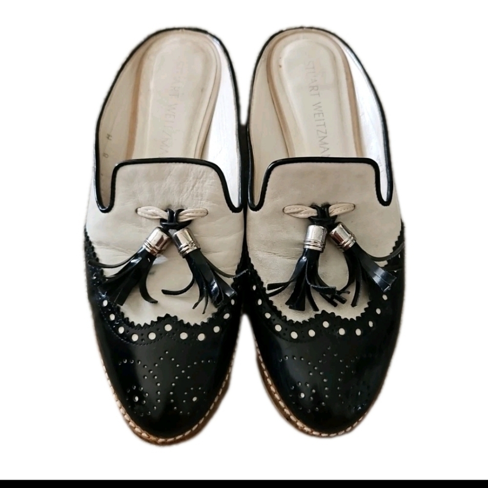 Stuart Weitzman Womens Black And White Mulething Brogue Leather Designer Mules 8 - Picture 2 of 14